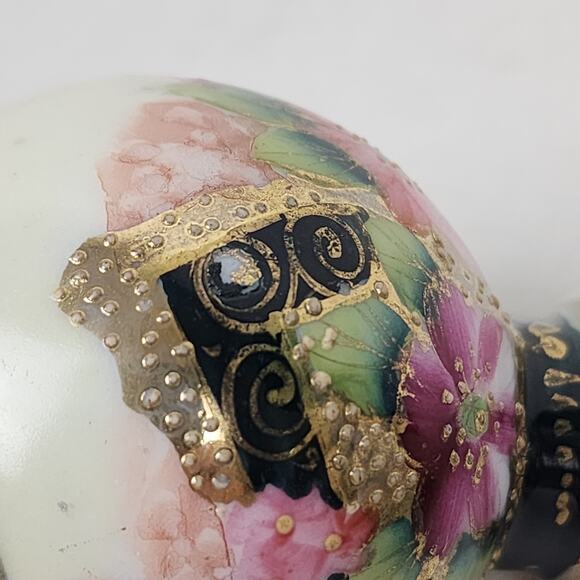 Victorian Salt & Pepper Shaker Set Moriage Floral Rose Gilt Muffineer Pink Black - Picture 11 of 11